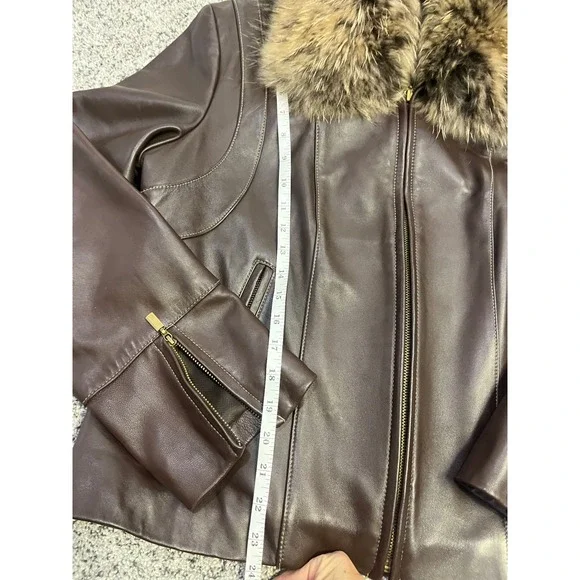 Luxury Women's Genuine Leather Real Fur Collar Jacket Brown Warm Winter Coat Y2K - Picture 7 of 14